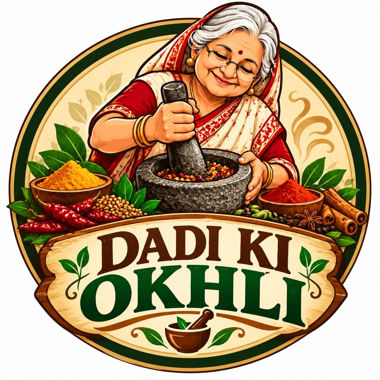Grandmother preparing masala with mortar and pestle